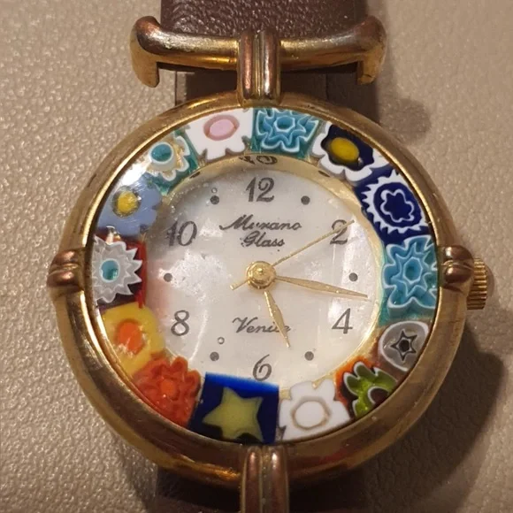 Authentic Murano Glass Millefiori Goldtone Leather Women's Watch - Picture 1 of 5